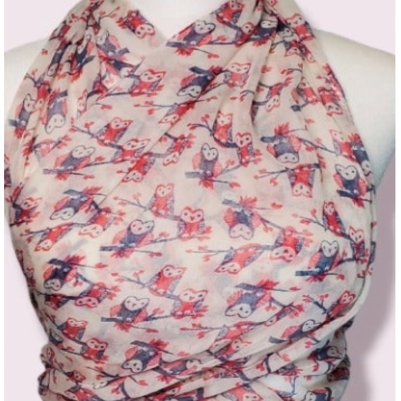 Self Esteem Lightweight Owl Pattern Infinity Scarf White, Blue & Red - Picture 4 of 4